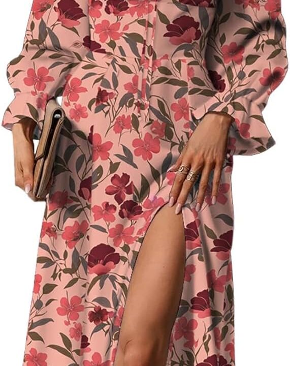 BLENCOT Womens Casual Square Neck Long Sleeve Boho Floral Midi Dress Print Side Split Dresses