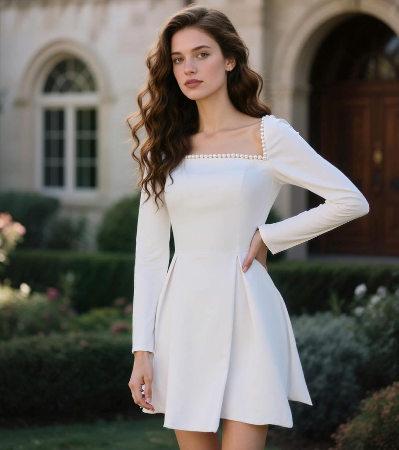 Long Sleeves Short Wedding Dresses for Bride Square Neck Satin Simple Prom Dress Mini Homecoming Party Dress XPD3