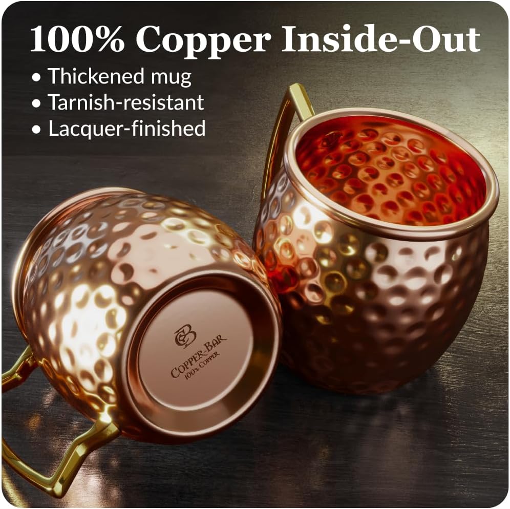 COPPER-BAR Moscow Mule Copper Mugs – Unique HANDCRAFTED Gift Set of 2, Hammered by Artisan, 100% Pure Solid Copper Cups 16oz for Drinking Water & Cocktails, Include 13 Pcs accessories & Special Opener