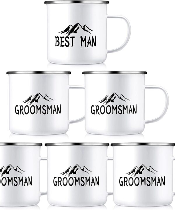 Teenyyou 6 Pack Groomsmen Gifts for Wedding 1 Best Man 5 Groomsmen Cups Enamel Camping Coffee Mugs 16.9 oz Team Groom Cups Proposal Gift for Weddings Bachelor Party Favors Decorations(White)