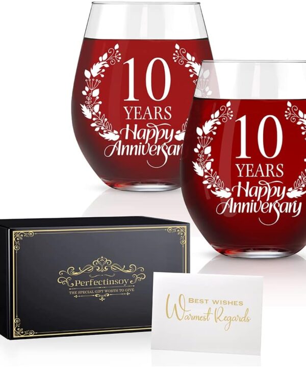 Perfectinsoy 10 Years Happy Anniversary Wine Glass Set of 2, 10th Anniversary Wedding Gift For Mom, Dad, Soulmate, Couple, Funny Vintage Unique Personalized, 10 Years Gifts, Happy 10th Anniversary