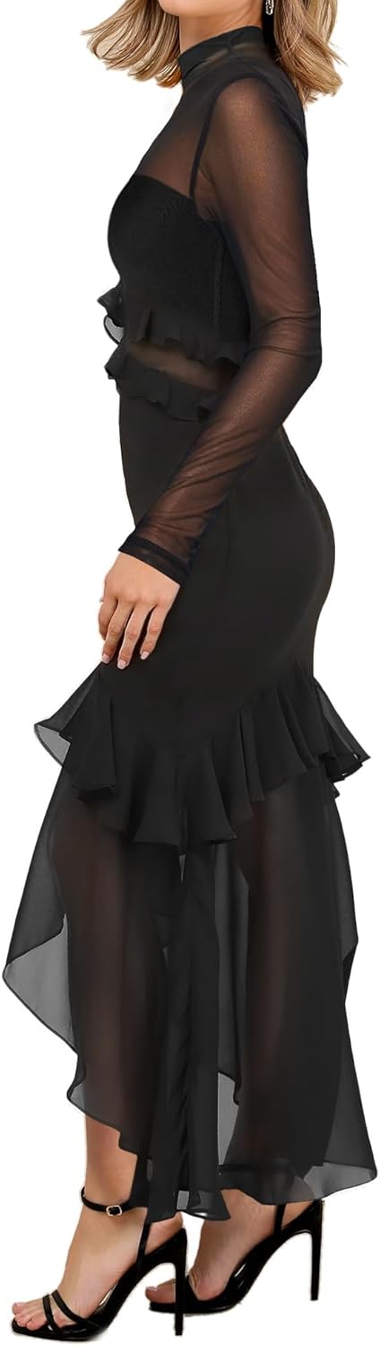Aisbei Womens Elegant Bodycon Maxi Dress Mock Neck Long Sleeve Ruffle Mesh Party Cocktail Formal Wedding Guest Dresses
