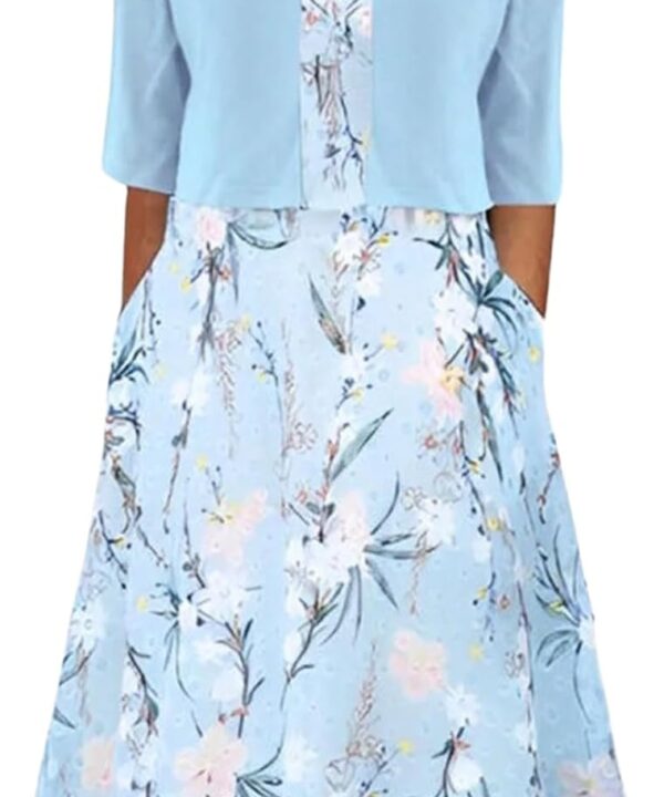 XNC Womens 2 Piece Set Fashion Fresh Plant Print Midi Dress V-Neck Half Sleeve with Jacket A-line Dresses Lounge Outfits