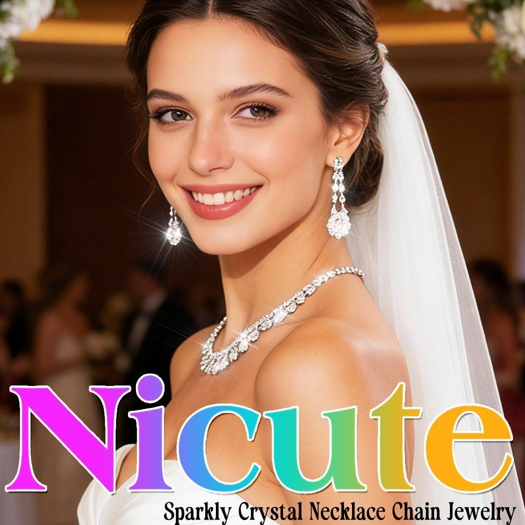 Nicute Crystal Wedding Jewelry Set Silver Necklace Earrings Rhinestone Wedding Jewelry Sets for Brides Bridesmaid