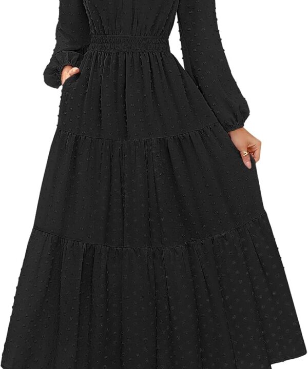 MEROKEETY Women's Fall Long Sleeve Maxi Dress 2026 Boho Ruffle Tiered Swiss Dots Wedding Guest Cocktail Long Dresses