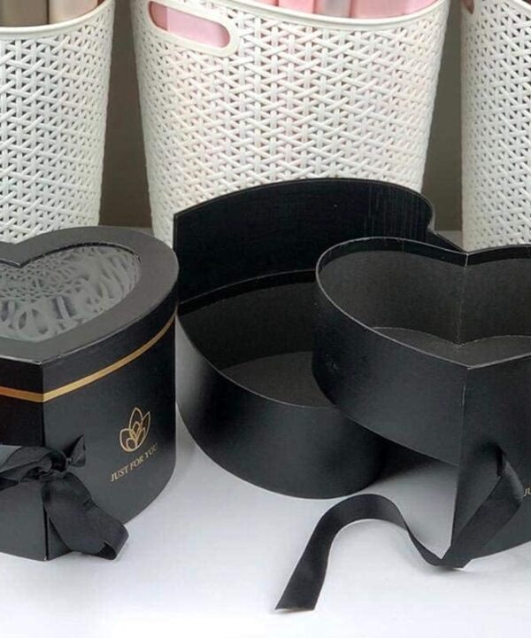 UNIKPACKAGING Premium Quality 2 Tier Heart Shaped Box for Luxury Flower and Gift Arrangements, with Lid, Size 9x8x6.5,Surprise Flower Box, (Black)