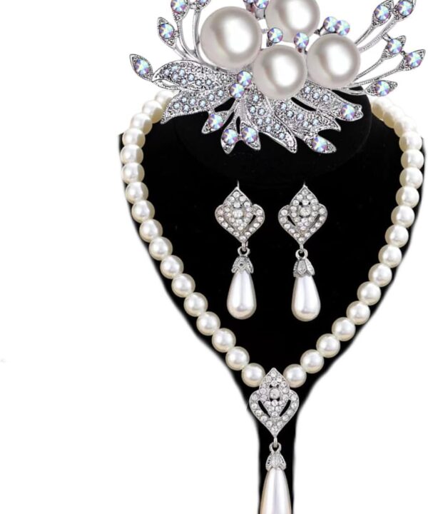 la luen Pearl Bride Wedding Jewelry Set Faux Pearls Crystal Rhinestone Necklace Earrings Bracelet Sets for Women Bridesmaid(3 PCS)
