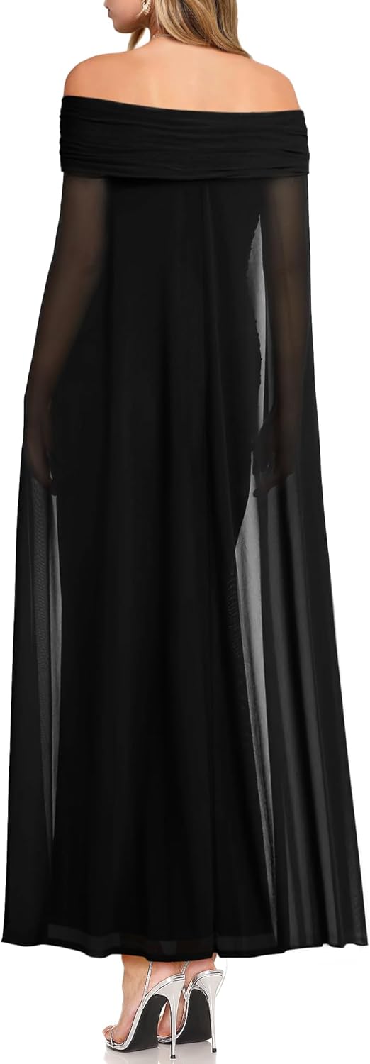 MAYFASEY Womens Elegant Off Shoulder Long Sleeve Mesh Ruched Bodycon Long Formal Party Evening Dress with Cape