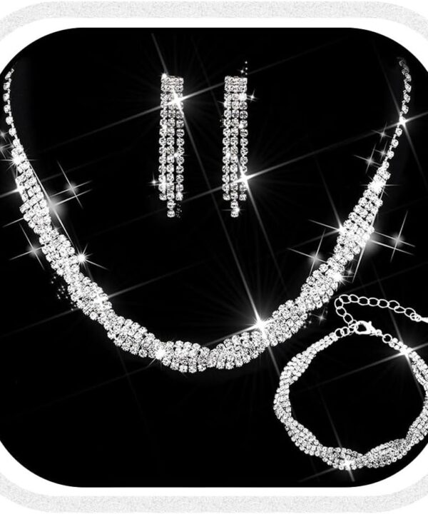 Unicra Wedding Jewelry Sets Silver Rhinestone Necklace Earrings Bracelet Sets Prom Jewelry Accessories for Women and Brides