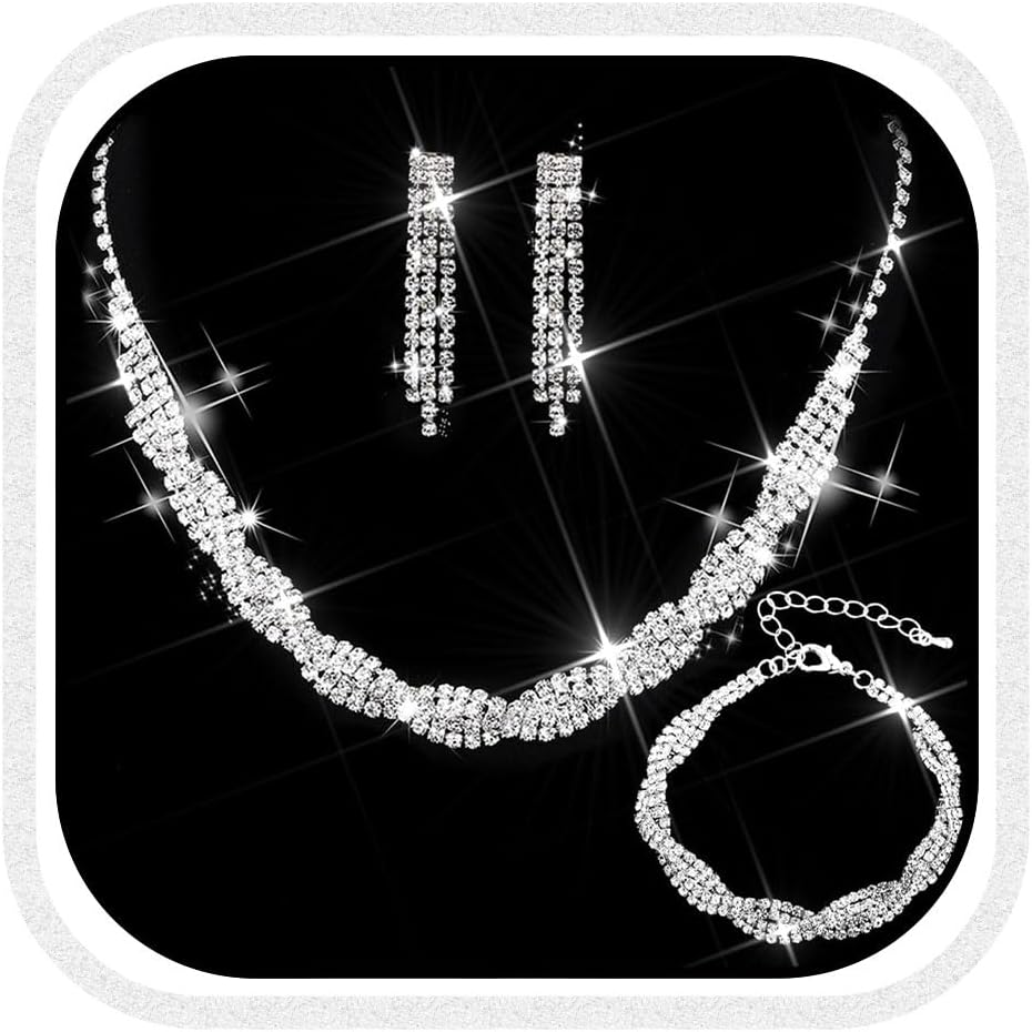Unicra Wedding Jewelry Sets Silver Rhinestone Necklace Earrings Bracelet Sets Prom Jewelry Accessories for Women and Brides