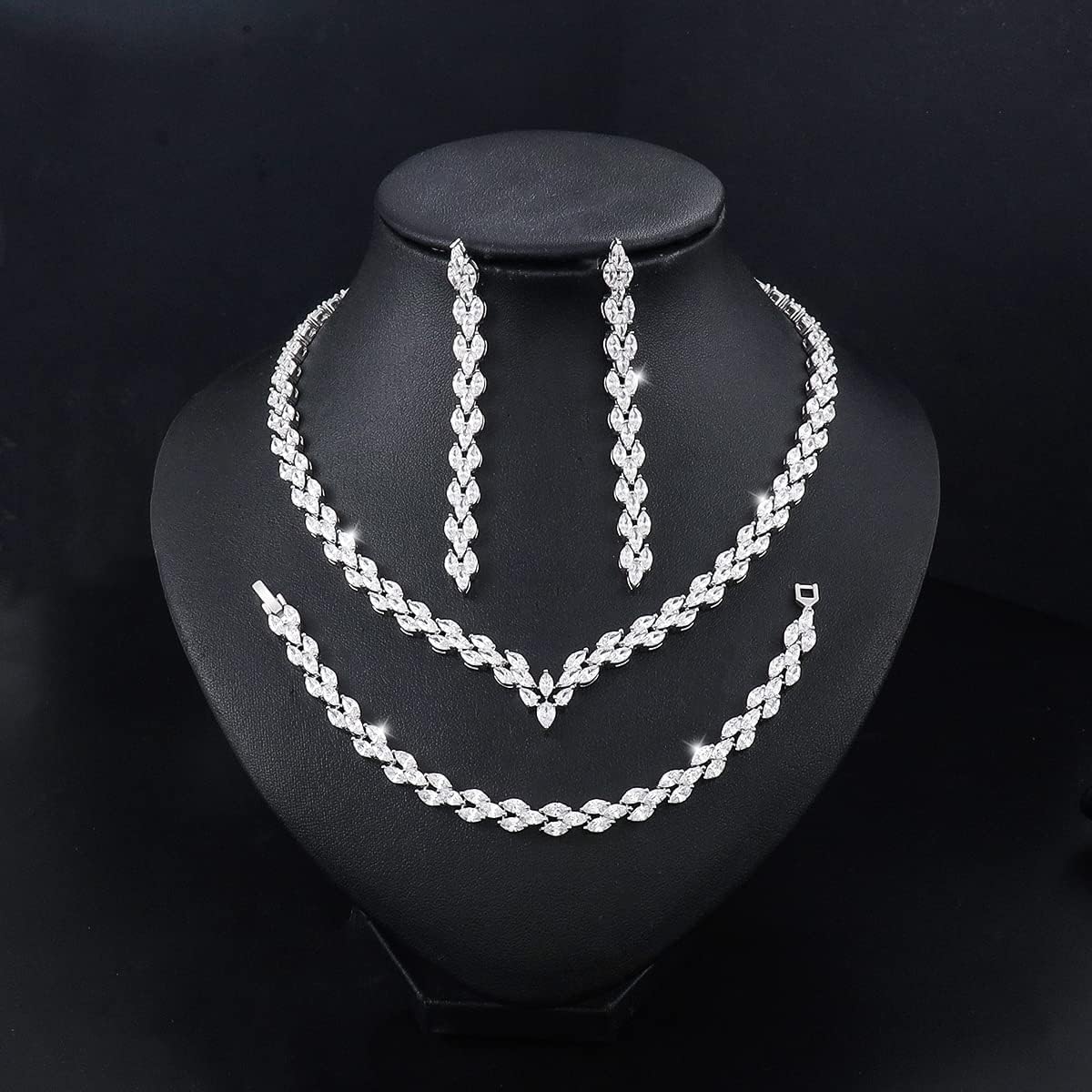 White Gold Plated Cubic Zirconia CZ Marquise Bridal Necklace Drop Dangle Earrings Bracelet set for Women Wedding Brides