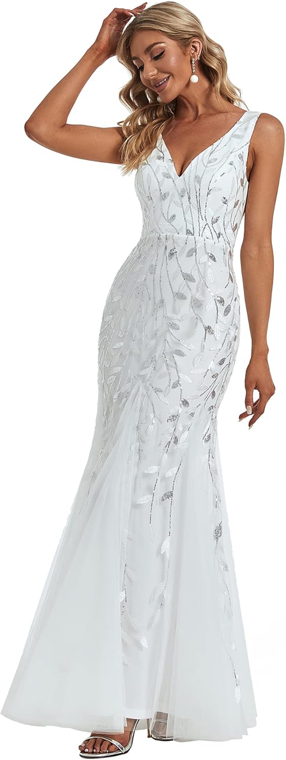 Ever-Pretty Womens Sequin Formal Dress Double V-Neck Sleeveless Mermaid Long Evening Dresses 07886