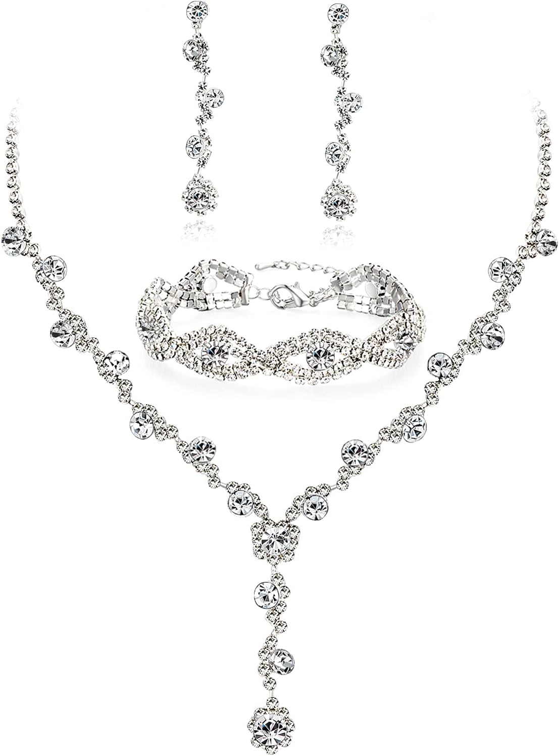 YANODA Rhinestone Bridal Jewelry Sets for Women Crystal Necklace Earrings Bracelet Jewelry Sets for Wedding Bridal Bridesmaid Gifts Evening Party Prom Jewelry Set