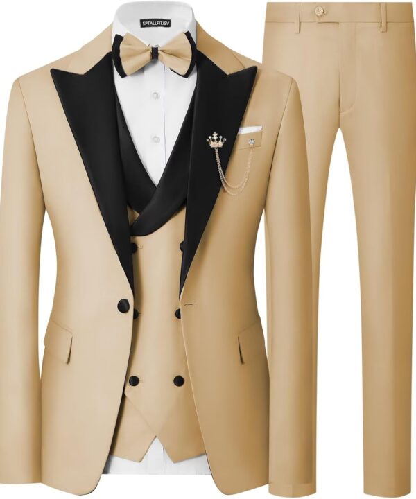 Mens 3 Piece Tuxedo Suit Slim Fit Wedding Prom Dinner Tuxedo for Men Double Breasted Suits Set with Bow Tie