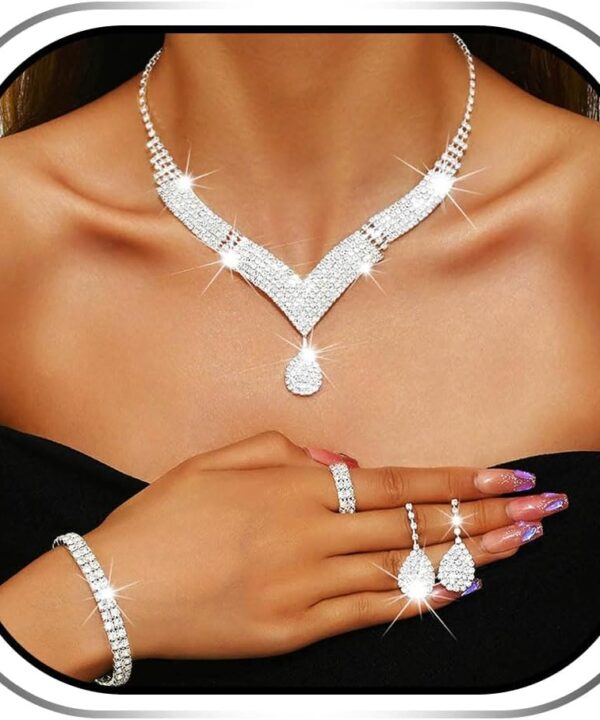 Sixexey Wedding Jewelry Set Silver Rhinestone Jewelry Bridal Prom Jewelry Necklace Set for Women