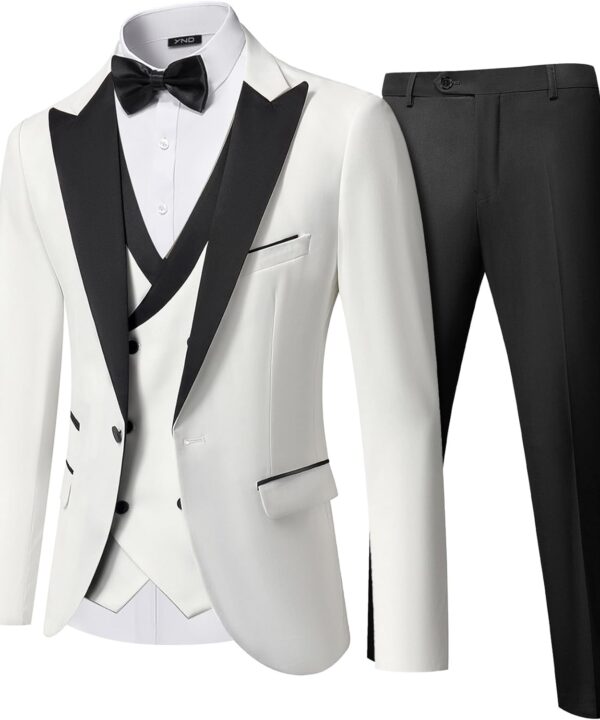 YND Men's 3 Piece Slim Fit Wedding Tuxedo Set, Peak Lapel One Button Suit Jacket, Double Breasted Vest Pants with Bow Tie