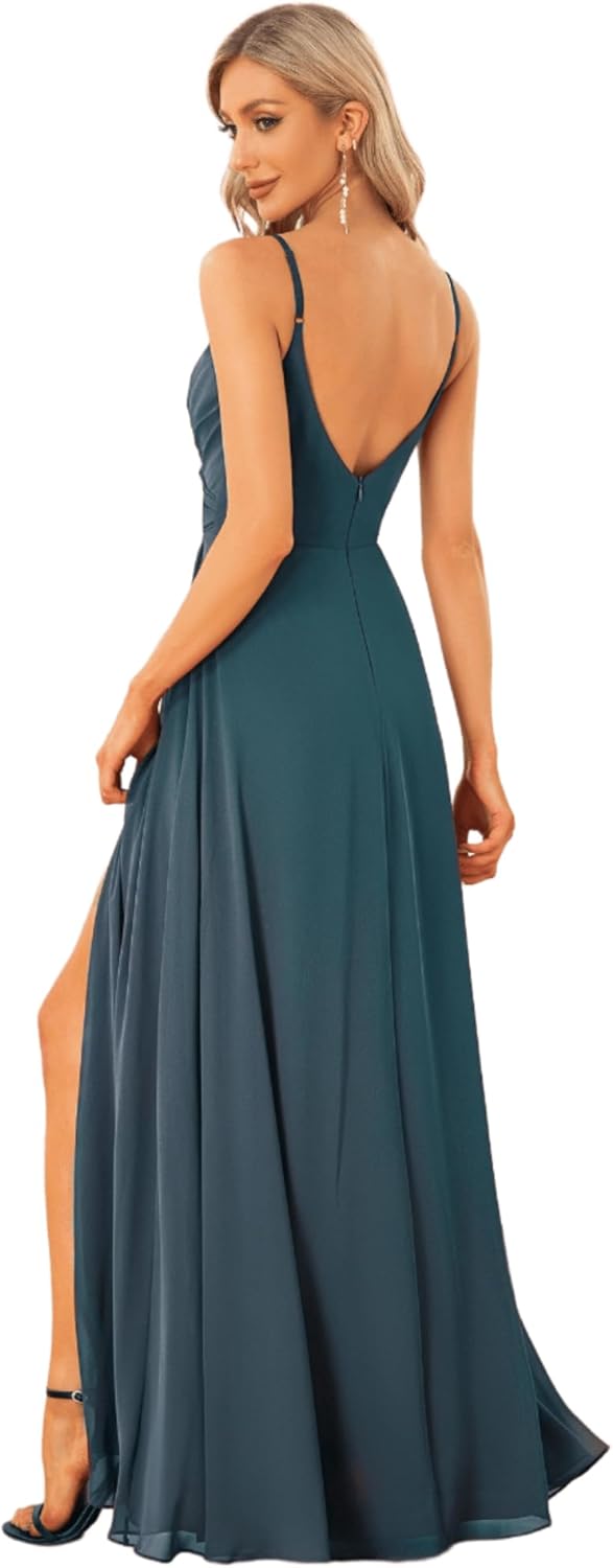 Ever-Pretty Women's Summer Sexy Backless Spaghetti Straps V-Neck Slit Floor Length Chiffon Bridesmaid Dresses Formal Dress