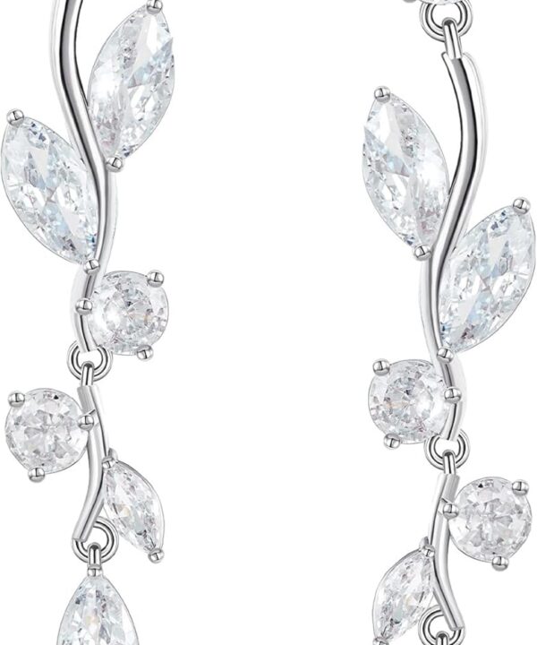 SWEETV Vine Wedding Earrings for Brides, Bridesmaids Earrings Gifts, Leaf Bridal Drop Earrings, Silver Cubic Zirconia Dangling Earrings for Prom Formal Party