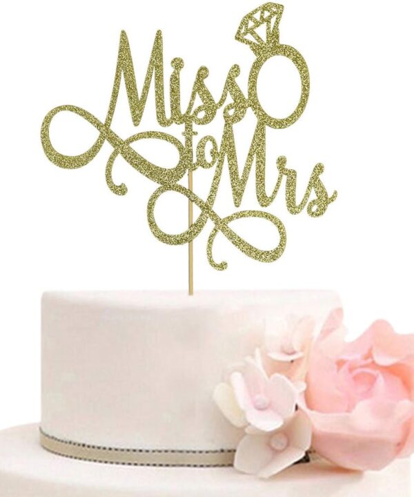 Miss To Mrs Cake Topper, Glitter Wedding Engagement Bridal Shower Bachelorette Party Decorations Supplies, Gold