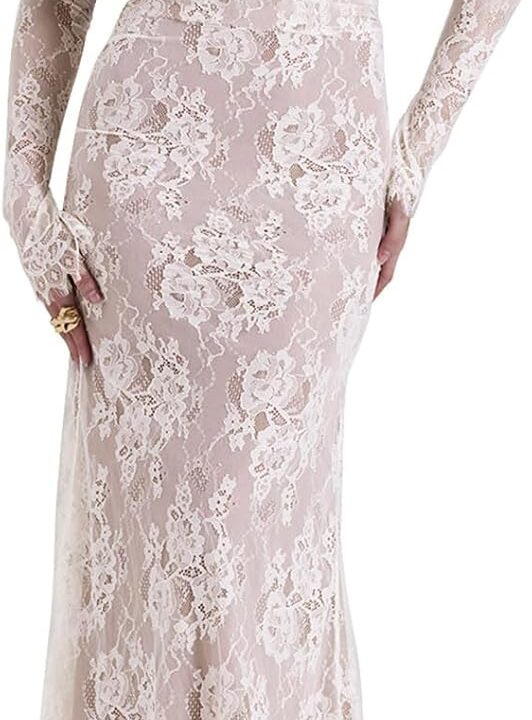 Women Cami Lace Maxi Dress Romantic Long Sleeve Lace Bodycon Dresses Elegant