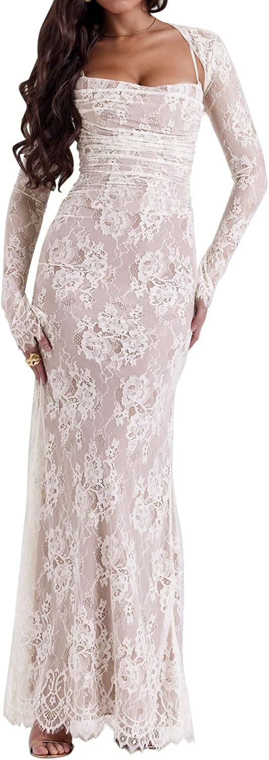 Women Cami Lace Maxi Dress Romantic Long Sleeve Lace Bodycon Dresses Elegant