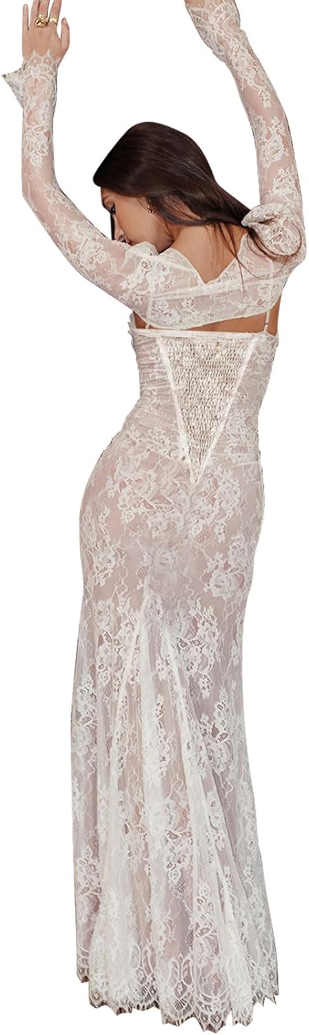 Women Cami Lace Maxi Dress Romantic Long Sleeve Lace Bodycon Dresses Elegant