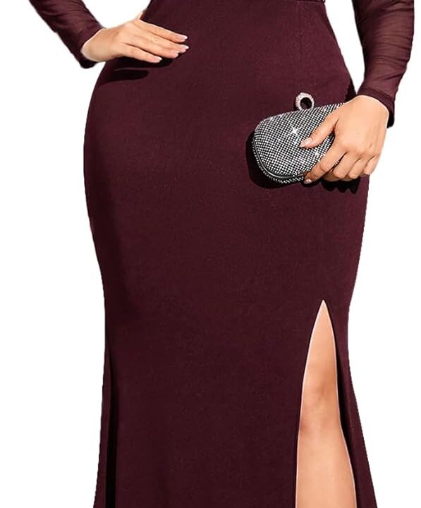 ZOMVA Plus Size Sparkly Split Maxi Dress Sexy Sheer Mesh Long Sleeve Mock Neck Mermaid Evening Gown Cocktail Club Formal