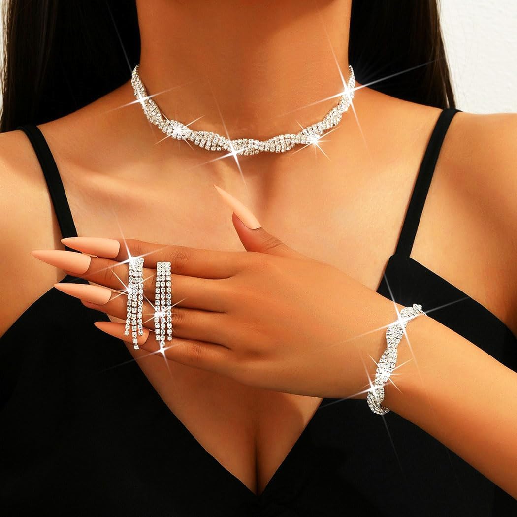 Unicra Wedding Jewelry Sets Silver Rhinestone Necklace Earrings Bracelet Sets Prom Jewelry Accessories for Women and Brides