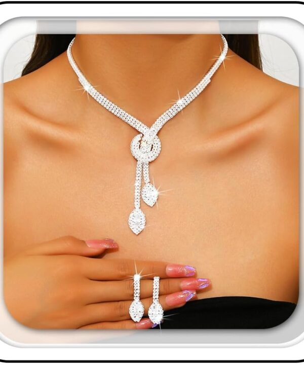 Aukmla Silver Bridal Wedding Jewelry Set Sparkly Rhinestones Weddding Necklace Earrings Set Prom Jewerly for Women