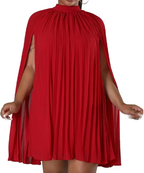 Womens Casual Cape Sleeve Pleated Split Short Dress Loose Fit Cocktail Party Flowy Dress