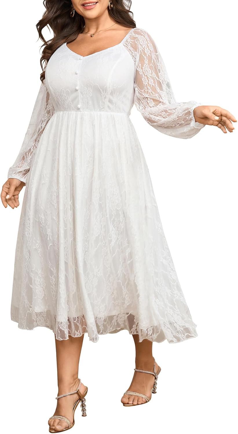 SCOMCHIC Womens Plus Size Cocktail Dress Wedding Guest Lace Long Sleeve Formal Party Maxi Dresses