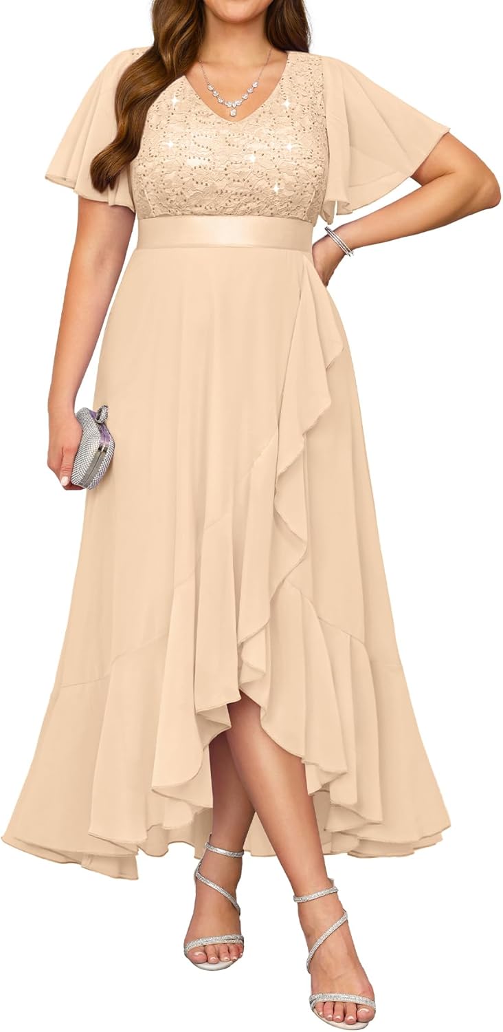 Pinup Fashion Plus Size Formal Dress – Evening Wedding Guest Cocktail Sequin Chiffon Long Dresses with Slit