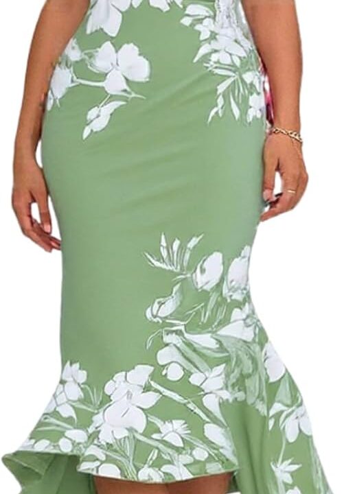 XNC Women's Summer Dress 2025 Elegant Green Off Shoulder Floral Print Fishtail Maxi Dresses Bodycon Wedding Guest Gown