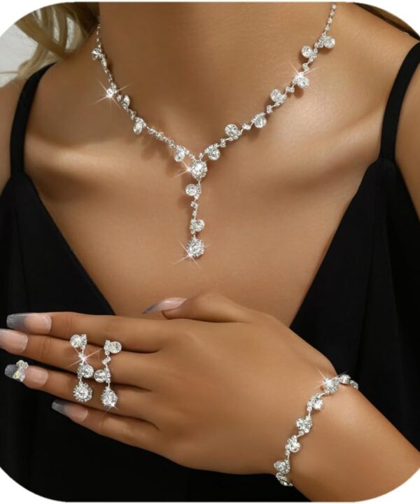 Bridal Jewelry Sets Wedding Necklace Earrings Silver Rhinestone Chain Necklace Bracelet Bridal Jewelry Sets for Women