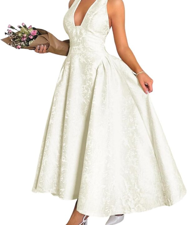 ChiaoLezhee Jacquard Maxi Dress, V Neck A Line, Wedding Guest Prom, Halter Corset Pastel Tea Party Vacation Semi Formal