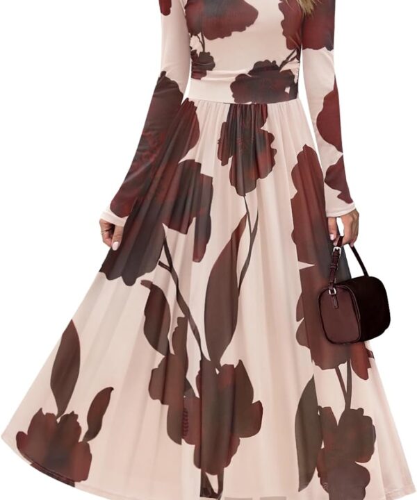 MEROKEETY Women's Long Sleeve Spring Wedding Guest Dress 2026 Crewneck Floral Flowy Mesh Cocktail Maxi Dresses