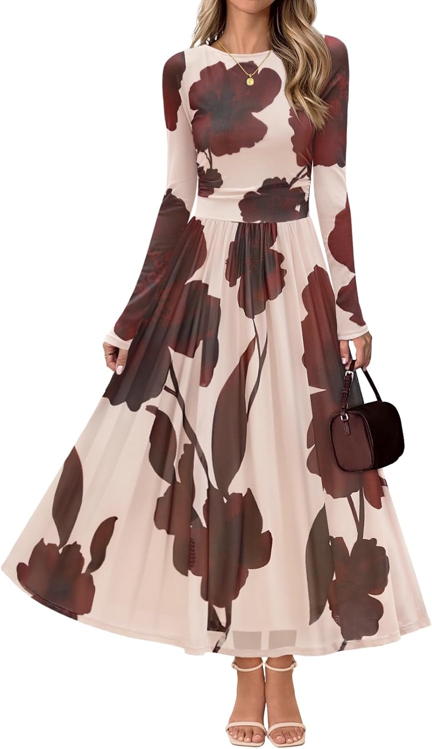 MEROKEETY Women's Long Sleeve Spring Wedding Guest Dress 2026 Crewneck Floral Flowy Mesh Cocktail Maxi Dresses