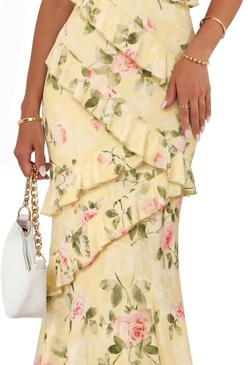 MEROKEETY Spring Wedding Guest Dress for Women 2026 Summer Floral Cocktail Party Beach Vacation Ruffle Bodycon Maxi Dresses