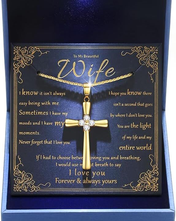 Gold Moissanite Cross Necklace for Women Wife in Light-Up Gift Box,Love Card - Women Anniversary Birthday Gifts Ideas for Wife Her Girlfriend, Christian Cross Chain Jewelry 1CT (18K Real Gold Filled)
