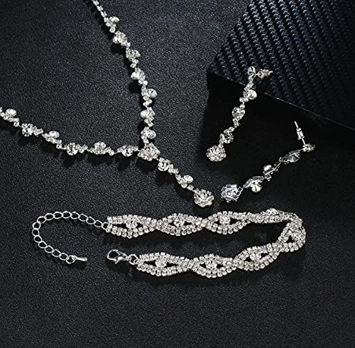 YANODA Rhinestone Bridal Jewelry Sets for Women Crystal Necklace Earrings Bracelet Jewelry Sets for Wedding Bridal Bridesmaid Gifts Evening Party Prom Jewelry Set