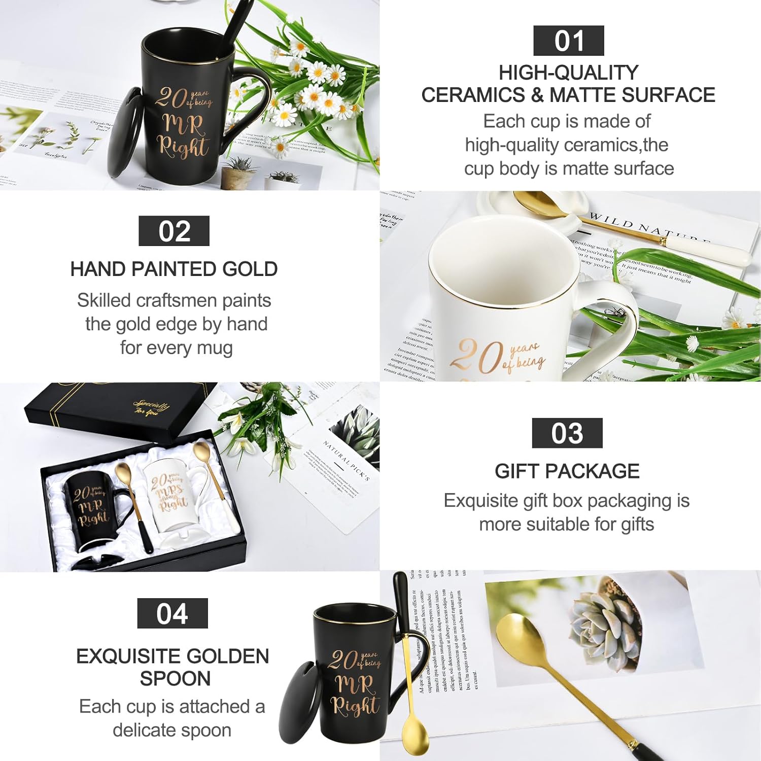 YHRJWN 20 Year Anniversary Presents, 20th Anniversary Presents for Couple Parents, 20th Wedding Anniversary Presents, 20th Mr & Mrs Always Right Coffee Mugs, 14 Oz with Coasters, Spoons and Gift Box