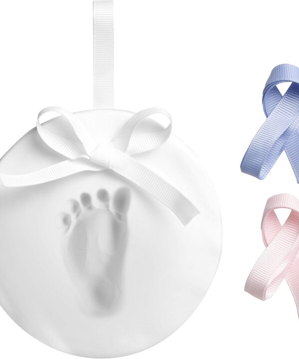 Pearhead Baby Handprint or Footprint Kit, My First Christmas Ornament, DIY Clay Keepsake, Gift For New And Expecting Parents, 3 Multicolored Ribbons