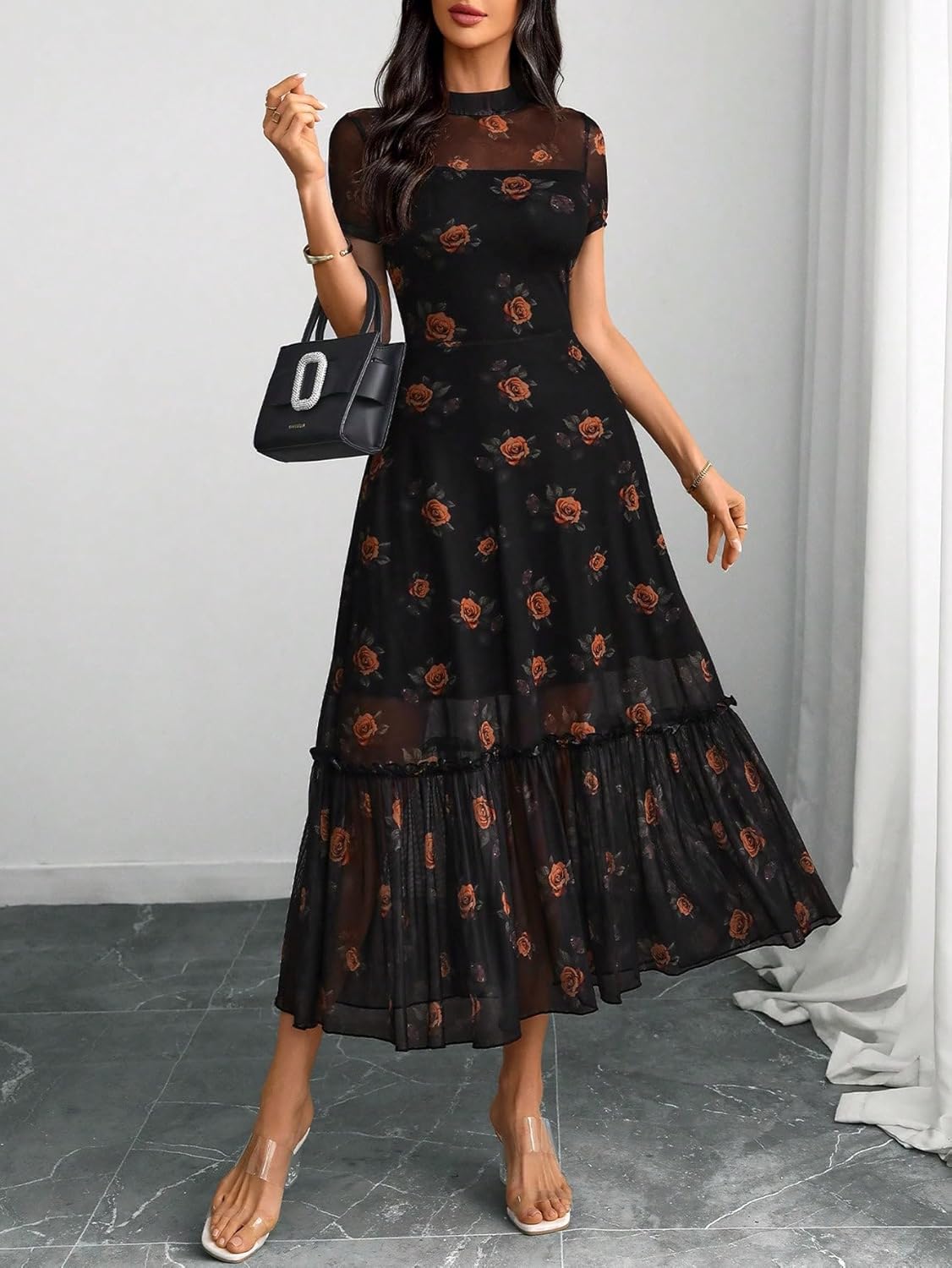 GothDark Womens Summer Floral Mesh Ruffle Dress Short Sleeve Round Neck Waist Cinched Casual Maxi Wedding Guest Dresses