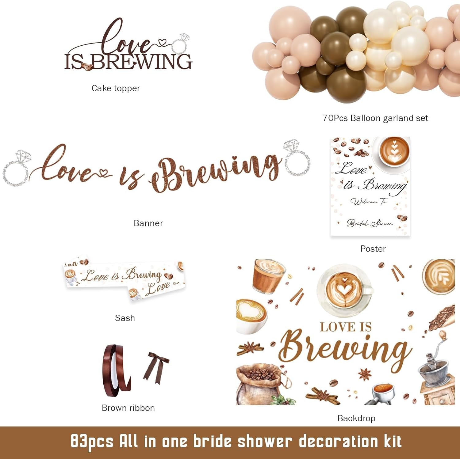 Love is Brewing Bridal Shower Decorations – Coffee Bridal Shower Decorations with Balloon Garland, Cake Topper, Banner, Backdrop, Poster for Espresso Martini Decor