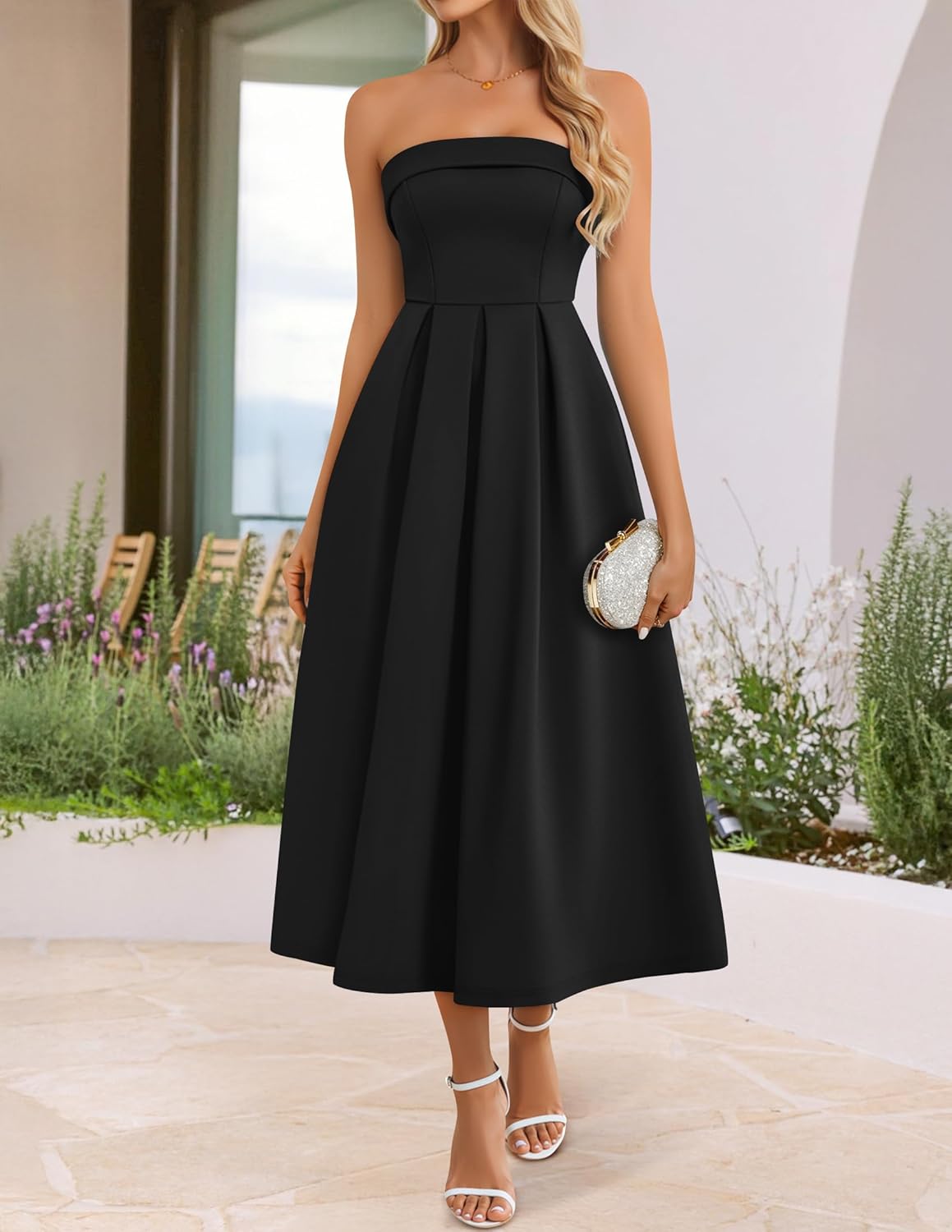 ZESICA Womens Summer Strapless Cocktail Dresses 2026 Elegant Off Shoulder Flowy A Line Wedding Guest Party Midi Dress
