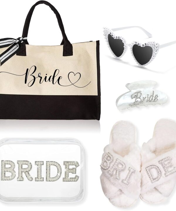 5Pcs Bridal Shower Gifts Set with Bride Bag Cosmetic Bag Sunglasses Slippers Hair Clip, Suitable for Bridal Shower, Weddings, Bachelorette Gifts for Bride, Bride Gift Set