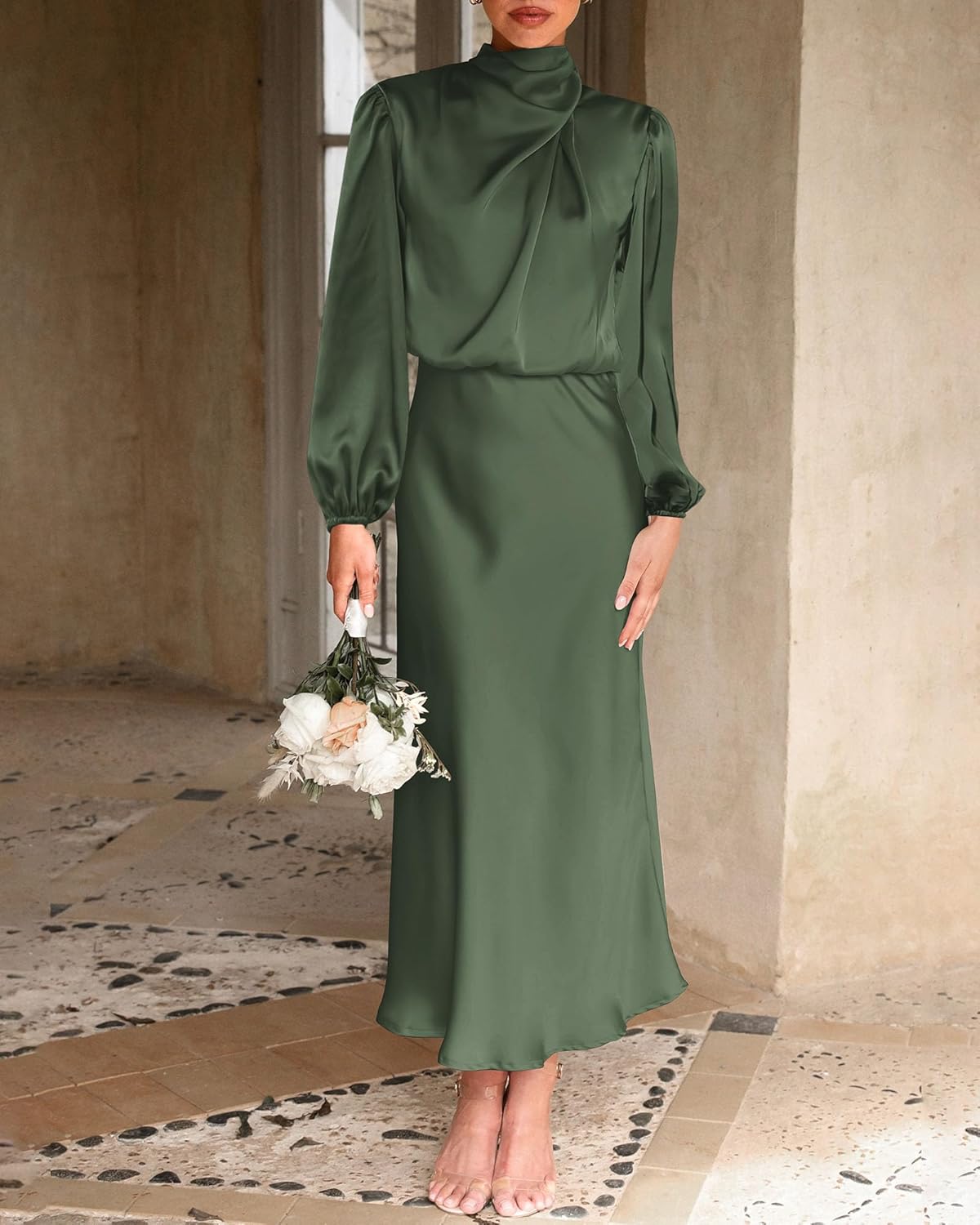 BTFBM Womens Mock Neck Satin Dress Spring Summer 2026 Long Sleeve Lightweight Formal Wedding Party Maxi Cocktail Dresses