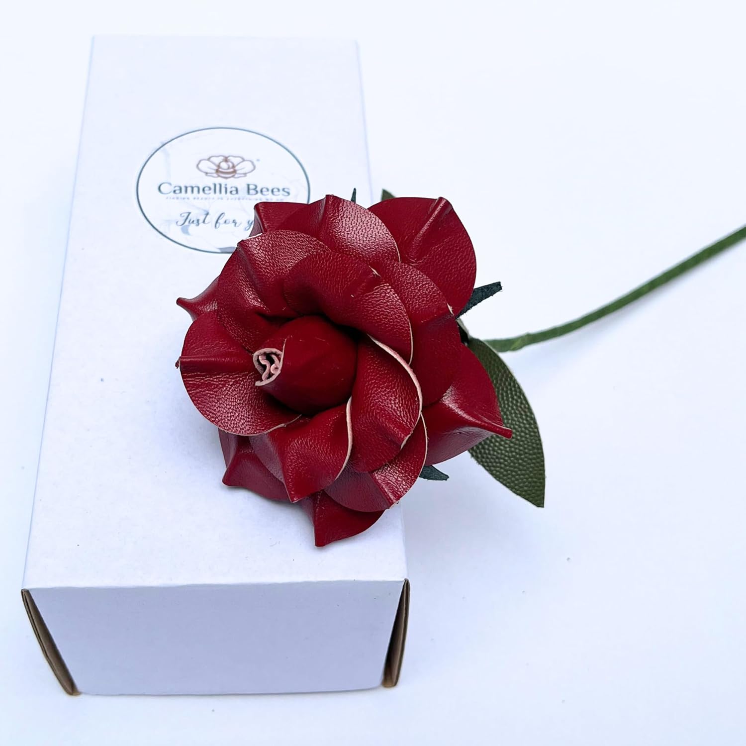 Camellia Bees Leather Rose Gift for her/him on Valentines Day, Mothers Day, Third Years 3rd Wedding Anniversary (Burgundy)