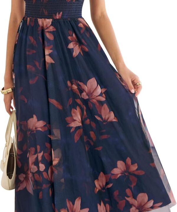 ANRABESS Womens Summer Floral Dress V Neck Sleeveless Flowy Wedding Guest Maxi Tulle Dresses Casual Beach Vacation Clothes