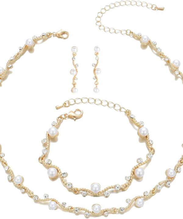 rneyflow Bridal Pearl Choker Necklace Earrings Bracelet Wedding Crystal Jewelry Set for Women Brides Bridesmaid Prom
